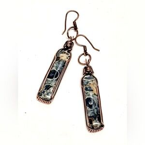 HAND CRAFTED Petrified Eye of Palm Root Copper Wire Wrapped Dangle Earrings